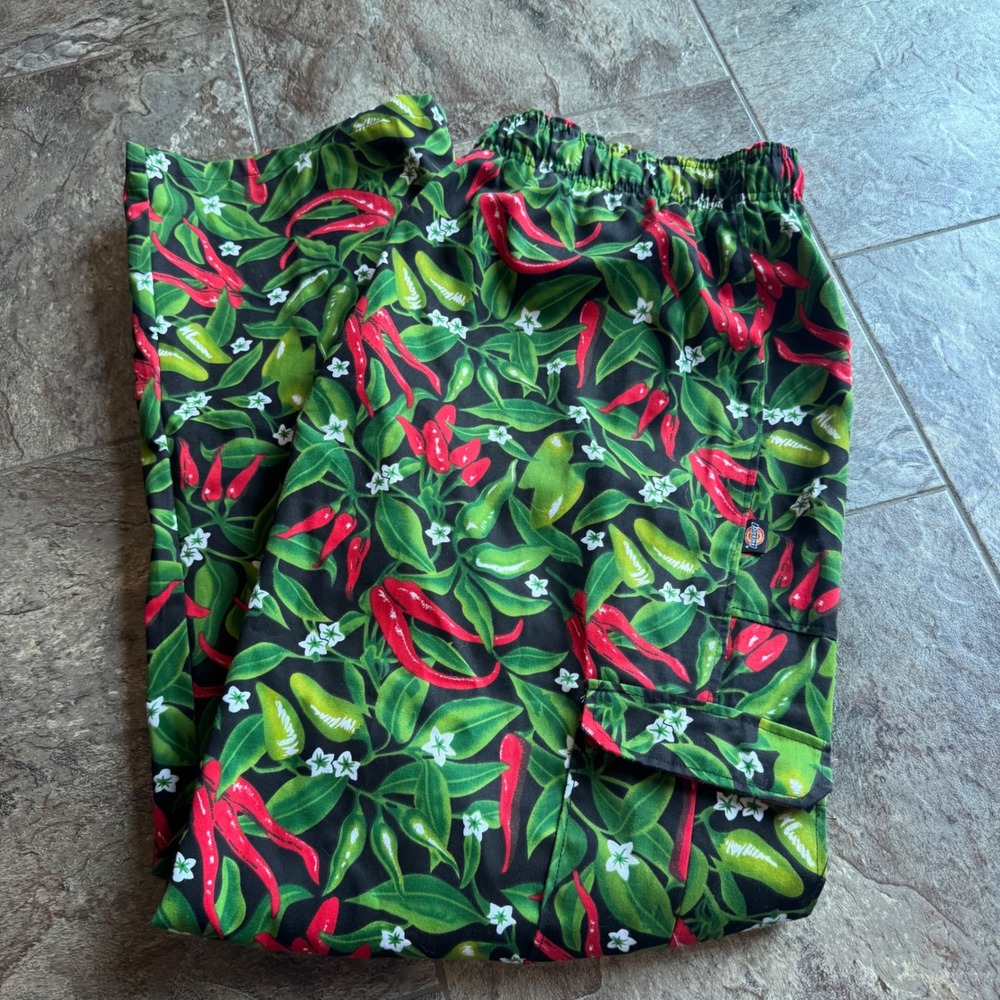 Chili Pepper Print Dickies Mens 3XL Cargo Chef Pants Black Green Red Culinary